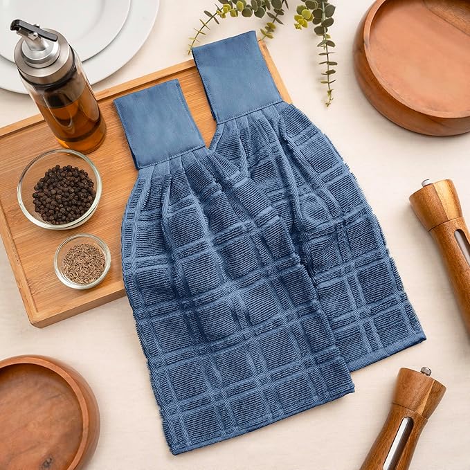 Blue Needles Hanging Kitchen Towels - Blue 100% Cotton Solid Kitchen Tie Towel, Set of 2 Hand Dish Cloth with Hanging Loops 9 x 17 Inches, Absorbent, Super Soft, and Fast Drying Home Essential