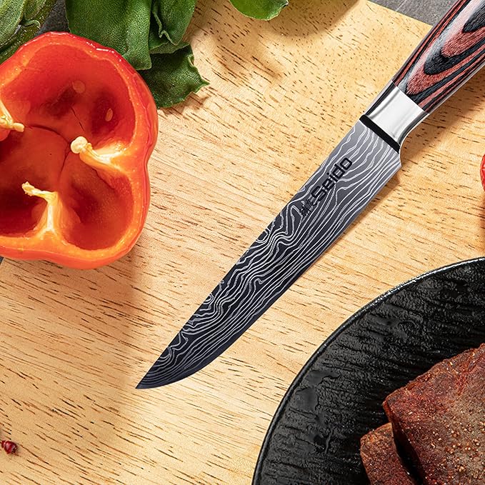 Seido Knives 5-Piece Straight-Edge Steak Knives Set - Full Tang with Ergonomic Pakkawood Handles, Stainless Steel Blades with Damascus Etching