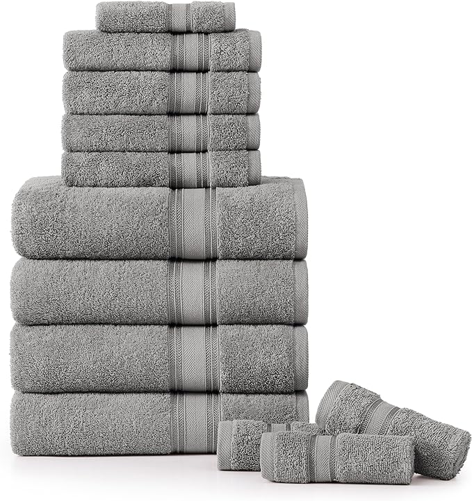 LANE LINEN Bath Towel Set of 12 – Premium 100% Cotton Mercerized, 4 Bath, 4 Hand & 4 Washcloth, Zero Twist Hotel Collection Towels Soft, Gentle on Body, Absorbent & Ideal for Everyday Use – Grey