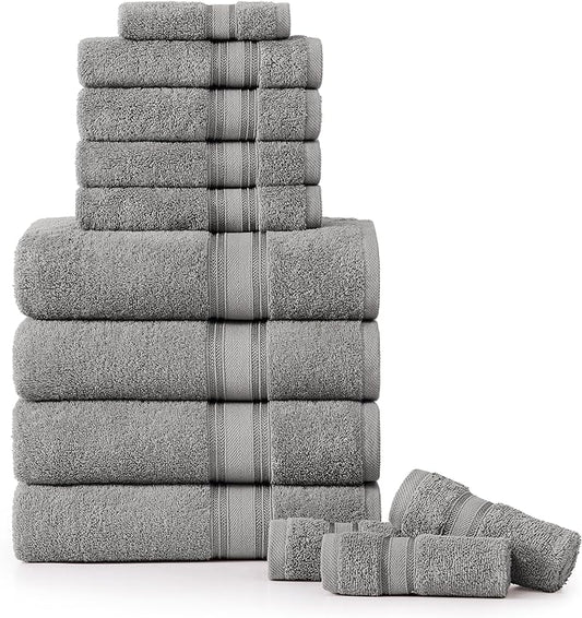 LANE LINEN Bath Towel Set of 12 – Premium 100% Cotton Mercerized, 4 Bath, 4 Hand & 4 Washcloth, Zero Twist Hotel Collection Towels Soft, Gentle on Body, Absorbent & Ideal for Everyday Use – Grey