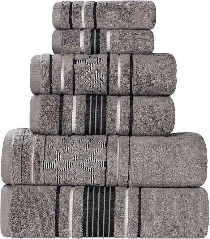 Superior Cotton 6 Piece Assorted Floral Towel Set, Includes 2 Bath, 2 Hand, 2 Washcloth/Face Towels, Quick Dry, Home Essentials, Shower, Spa, Luxury Plush Soft Absorbent Towels, Zero Twist, Charcoal
