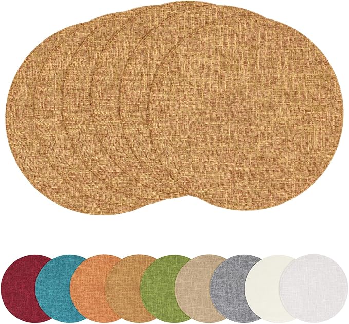 homing 15 Inch Round Cloth Placemats Set of 6, Cotton Linen Blend Washable Table Mats, Farmhouse Dining Place Mats for Indoors & Outdoors, Easy to Clean, Amber