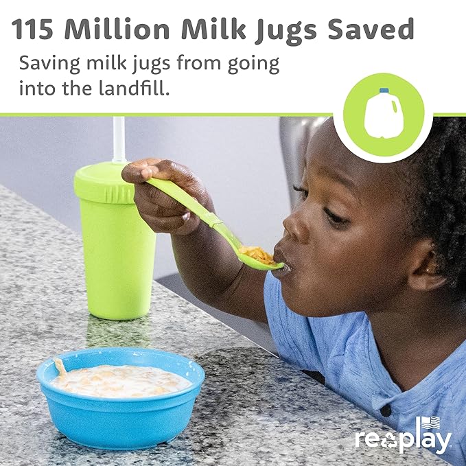 RE-PLAY Made in USA 8pk Toddler Feeding Utensils Spoon and Fork Set | Eco Friendly Recycled Milk Jugs - Virtually Indestructible | Red, Yellow, Lime Green, Sky Blue (Preschool)
