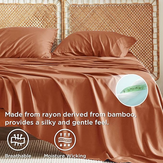 Bedsure King Size Sheets Set, Cooling Sheets for Hot Sleepers, Rayon Derived from Bamboo, Breathable & Soft, Deep Pocket Up to 16 Inches, Hotel Luxury Silky Bedding, Burnt Orange