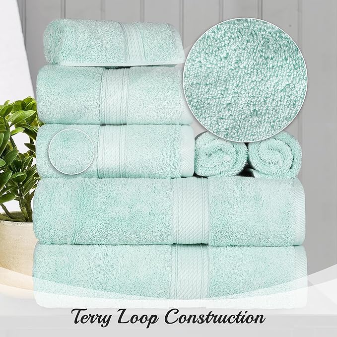 Superior Egyptian Cotton Pile Hand Towel Set of 4, Ultra Soft Luxury Towels, Thick Plush Essentials, Absorbent Heavyweight, Guest Bath, Hotel, Spa, Home Bathroom, Shower Basics, Sea Foam