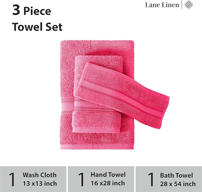 LANE LINEN Luxury Bath Towels Set - 3 Piece Set, 100% Cotton, Quick Dry, Super Soft - 1 Bath, 1 Hand, 1 Wash Cloth - Fuchsia