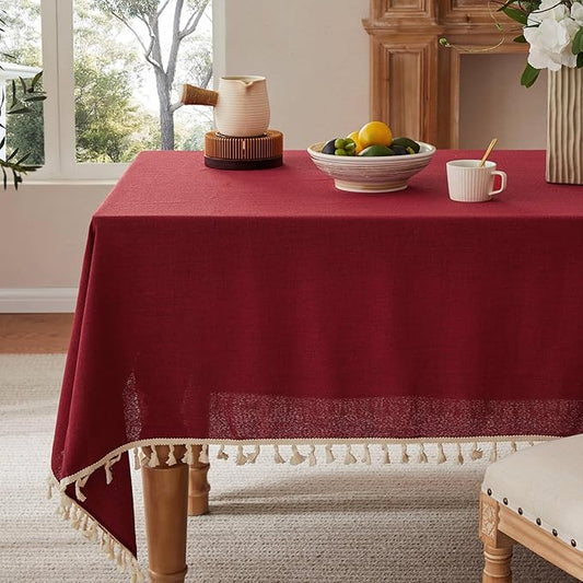 Linen Tablecloth with Tassels, Farmhouse Style Burgundy Tablecloth, Water Resistant Burlap Tablecloths for Square Table, 52x52 Inch Burgundy