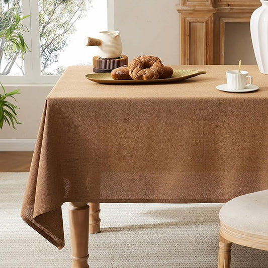 Linen Tablecloth for Rectangle Table, 52x70 Inch Caramel, Farmhouse Style Brown Tablecloth, Water Resistant Burlap Tablecloths for Dining Table Farmhouse Kitchen