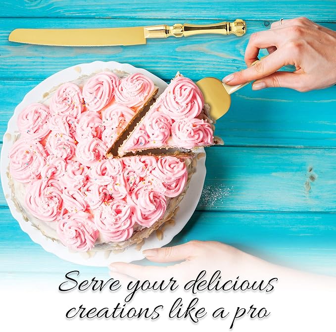 Homi styles Gold Elegant Cake Knife and Server Set, Cake Server and Knife Set of 2 with 420 Stainless Steel Plated Thick Blades, Cake Cutting Set for Wedding, Birthdays, Anniversaries, and Parties