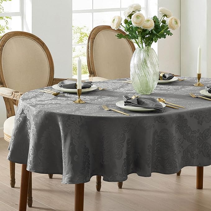 Newbridge Christmas Barcelona Damask Fabric Tablecloth, 60 x 84 Inch Oval, Grey – No Iron, Soil Resistant Table Cover for Dining, Parties and Holidays