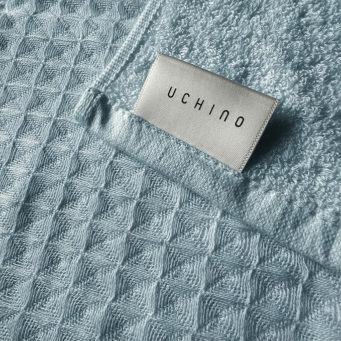 UCHINO Waffle Twist Cotton Weave Hand Towel for Bathroom Lightweight Absorbent Quick Dry Honeycomb Texture Solid Terry Loop Reverse 20" x 30", 1 Hand Towel, Eucalyptus