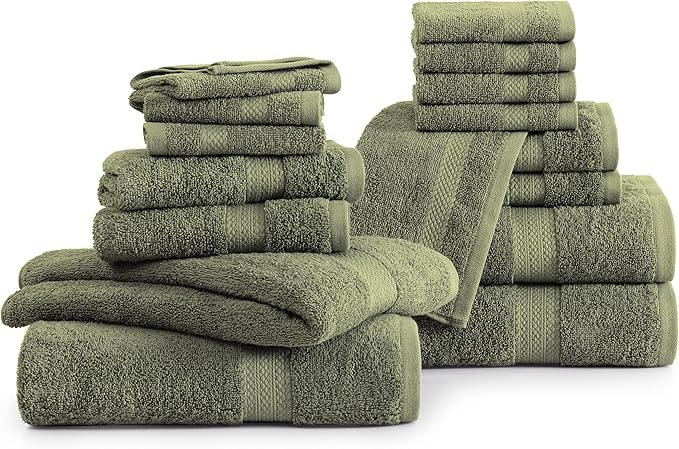 Lane Linen 100% Cotton Luxury Bath Towel Set - 16 Pieces - Ring Spun, Super Soft & Highly Absorbent - 4 Bath, 8 Washcloths, 4 Hand Towels for Bathroom - Minimal Lint & Fading, Pre Shrunk - Olive Green