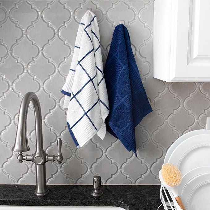 T-fal Solid & Checked Parquet Kitchen Towels: Highly Absorbent, Super Soft Long Lasting - 100% Cotton, 16"x26" Dish Towels for Cleaning & Drying Dishes, Pans, Glassware, or Countertops, (2-Pack), Blue