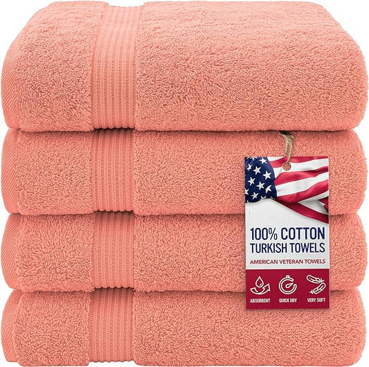 American Veteran Towel, 100% Cotton Turkish Bath Towels for Bathroom 4 Pack, 27x54 Extra Large Premium Soft Drying Bathroom Towels, Coral