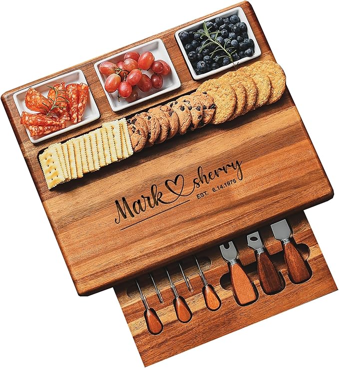 Shanik Large Acacia Wood Charcuterie Board Set with 3 Removable Ceramic Bowls & Serving Utensils - Housewarming, Wedding, Bridal Shower, Home and Kitchen, New Home Gift Ideas for Women, Gifts for Her