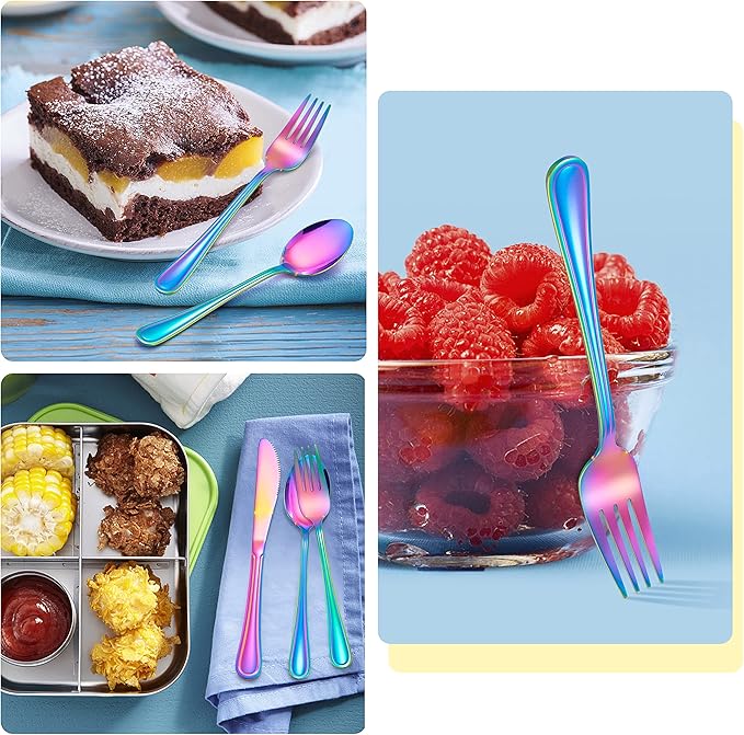 E-far 6-Piece Kids Silverware, Stainless Steel Toddler Utensils Safe for Preschooler/Children, Includes 2 Forks 2 Spoons 2 Knife, Slimline Adult Look & Small Size, Rust Free & Mirror Polished-Rainbow