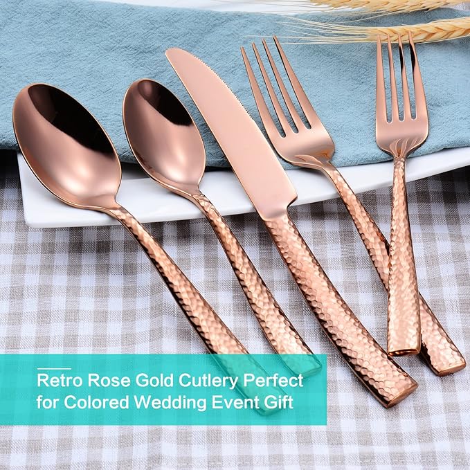 Silverware Rose Gold Hammered Heavy Flatware Set Cutlery Set Stainless Steel Mirror Finished Utensil 20 Pieces Spoons Forks and Knives Service for 4