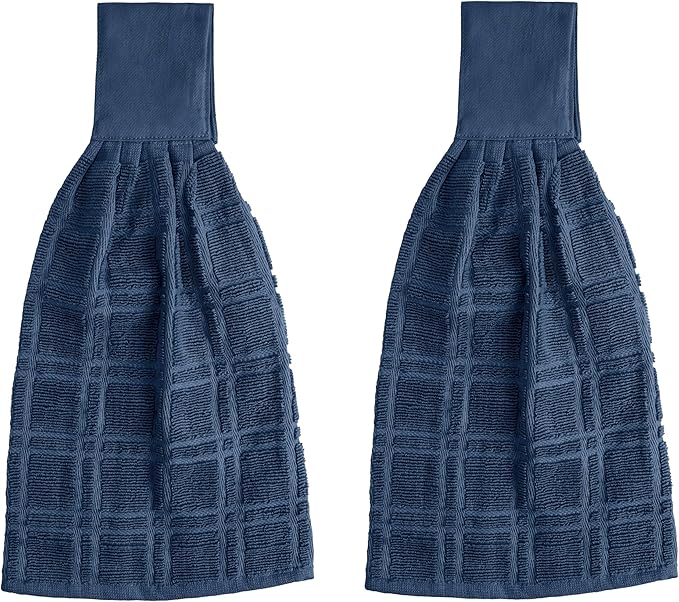 Blue Needles Hanging Kitchen Towels - Blue 100% Cotton Solid Kitchen Tie Towel, Set of 2 Hand Dish Cloth with Hanging Loops 9 x 17 Inches, Absorbent, Super Soft, and Fast Drying Home Essential