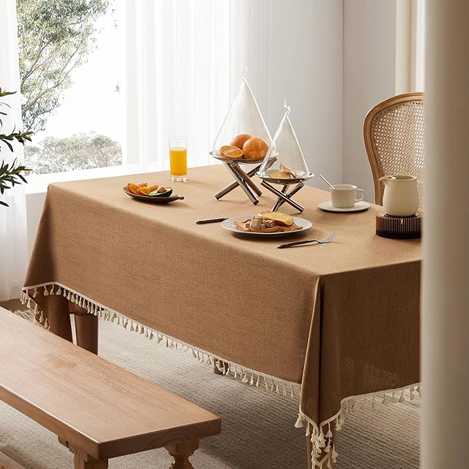 Linen Tablecloth with Tassels, Farmhouse Style Brown Tablecloth, Water Resistant Burlap Tablecloths for Square Table, 60x60 Inch Caramel