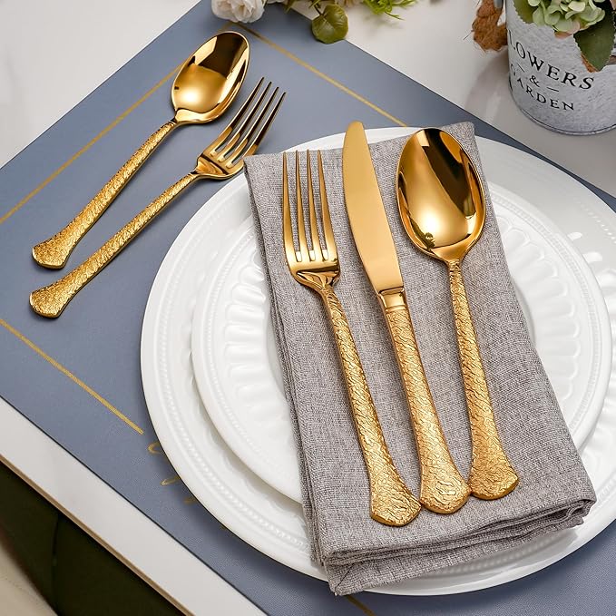 SuperCook 60-Piece Gold Hammered Flatware Set for 12, 18/10 Stainless Steel Silverware Set, Premium Heavy-Duty, Dishwasher Safe, Elegant Gift Idea