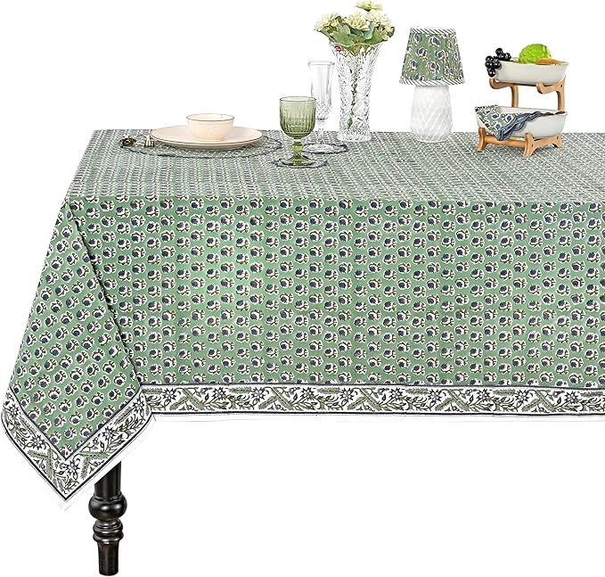 Ridhi Basil Green Hand Block Print Cotton Rectangle Tablecloth 108" x 60" inches Reusable Table Cover Decorative Everyday Use for Dining, Farmhouse, Home, Party, Festive, Wedding, Fall