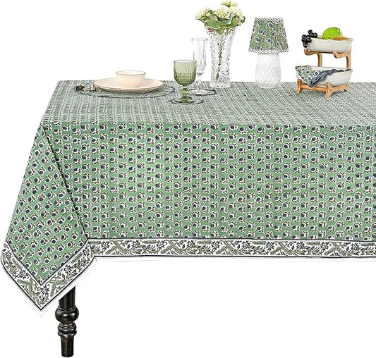 Ridhi Basil Green 60x60 Inches Square 100% Cotton Hand Block Print Tablecloth Washable Halloween Thanksgiving/Christmas Parties/Wedding Use,Fall décor Farmhouse Dining Dinner Tablecloth