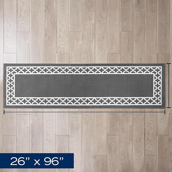 Nautica Runner Rug, Indoor Carpet for Entryway & Hallway Rug, Non-Skid Entry and Kitchen Door Mat, Machine Washable Low Profile Floor Mat, 26" x 96", Trellis Border Dark Grey and White