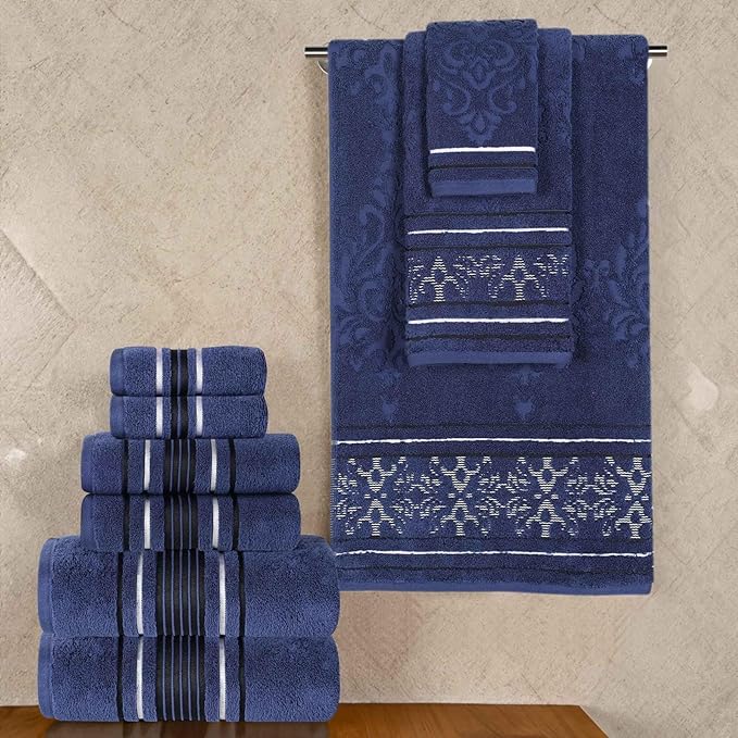 Superior Cotton 9 Piece Assorted Floral Towel Set, Includes 3 Bath, 3 Hand, 3 Washcloth/Face Towels, Quick Dry, Home Essentials, Shower, Spa, Luxury Plush Soft Absorbent Towels, Zero Twist, Navy Blue