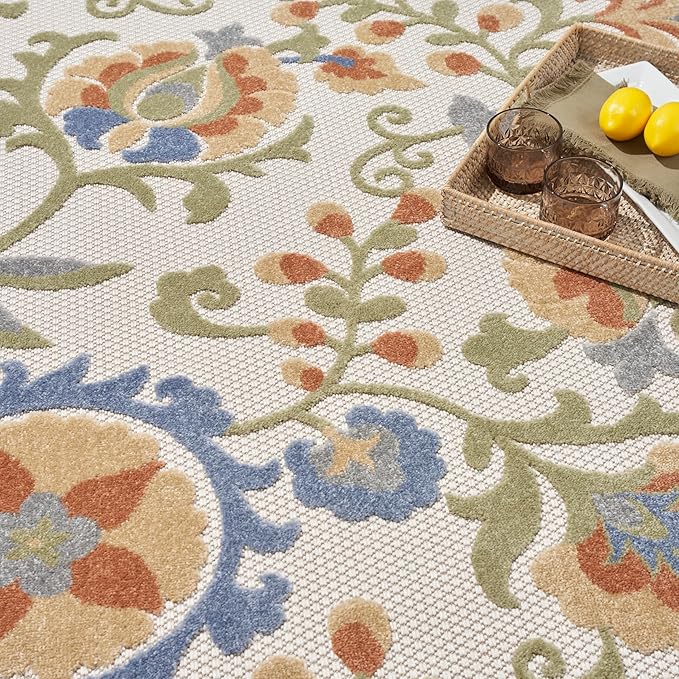 Nourison Home Aloha Ivory Blue 7'10" x 10'6" Area Rug - Easy Clean, Non Shedding, Bed Room, Living Room, Dining Room, Kitchen (8' x 11')