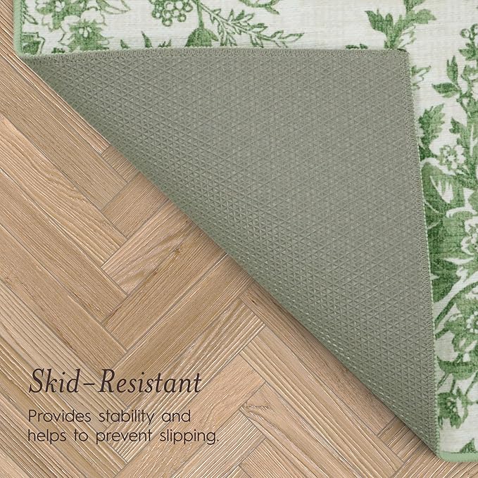 Laura Ashley Sage Ivory Bedford Floral Machine Washable & Slip Resistant 5' x 7' Area Rug