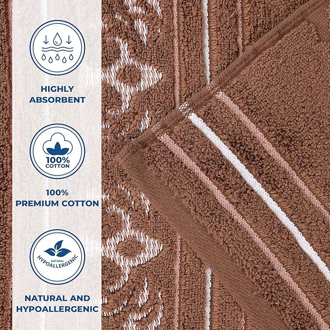 Superior Cotton 6 Piece Assorted Floral Towel Set, Includes 2 Bath, 2 Hand, 2 Washcloth/Face Towels, Quick Dry, Home Essentials, Shower, Spa, Luxury Plush Soft Absorbent Towels, Zero Twist, Chocolate