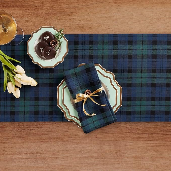 Solino Home Linen Blackwatch Table Runner 90 Inches Long - 100% Pure Linen Blue and Green Plaid Table Runner 14 x 90 Inch for Dining, Holiday, New Year
