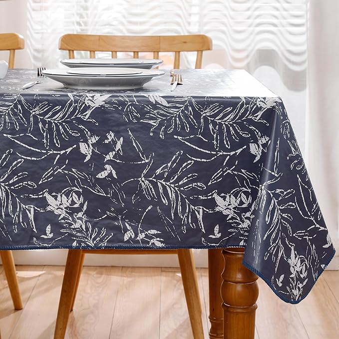 Walrus Heavy Duty Vinyl Tablecloth with Flannel Backing Waterproof Oil-Proof Plastic Table Cloth Stain-Resistant Wipeable Rectangle or Square Table Cover for Indoor and Outdoor (Blue Leaf,60x84 Inch)