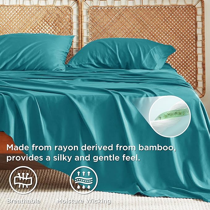 Bedsure Full Size Bed Sheets, Cooling Sheets, Rayon Derived from Bamboo, Breathable & Soft, Deep Pocket Up to 16 Inches, Hotel Luxury Silky Bedding for Hot Sleepers, Turquoise