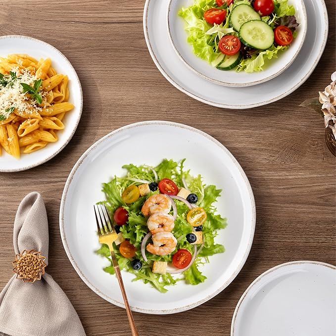 AmorArc 24 Pieces Ceramic Dinnerware Sets for 6, Handpainted Plates and Bowls Set with Rustic Terracotta Underside, Scratch Resistant Stoneware Dishes Set, Dishwasher & Microwave Safe, White