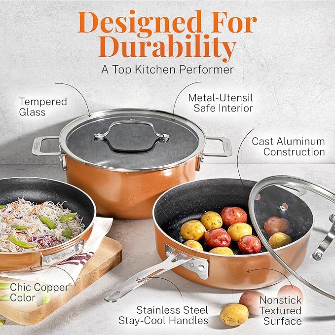 GOTHAM STEEL 10 Pc Copper Pots and Pans Set Non Stick Cookware Sets with Kitchen Utensils, Induction Ready, Non Toxic PFOA PFOS Free, Nesting Design for 50% Space Saving, Oven and Dishwasher Safe
