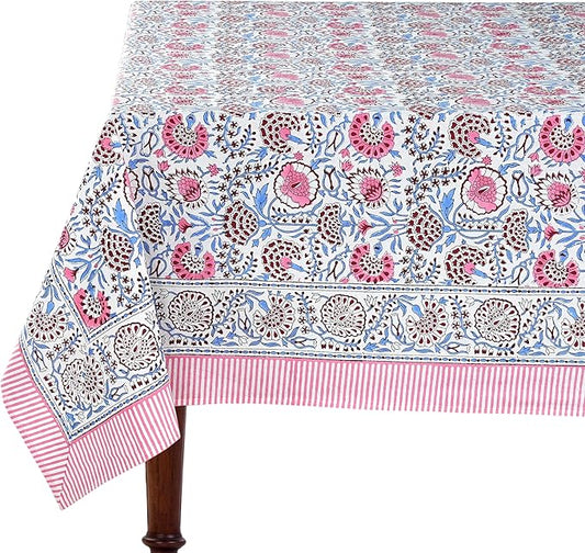 Ridhi Pigeon Blue Flamingo Pink Hand Block Print Cotton Rectangle Tablecloth 120" x 80" inches Reusable Table Cover Decorative Everyday Use for Dining, Farmhouse, Home, Party, Festive, Wedding, Fall