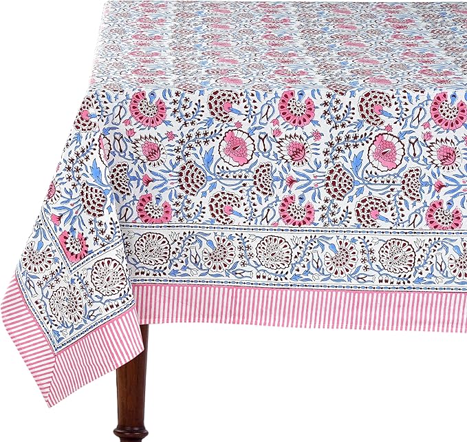 Ridhi - Hand Block Print Cotton Cloth Dinning Table Cover Wedding Farmhouse Thanks Giving Christmas Spring Tablecloth (Pigeon Blue and Flamingo Pink, 4 Seater 60x60 Inches)