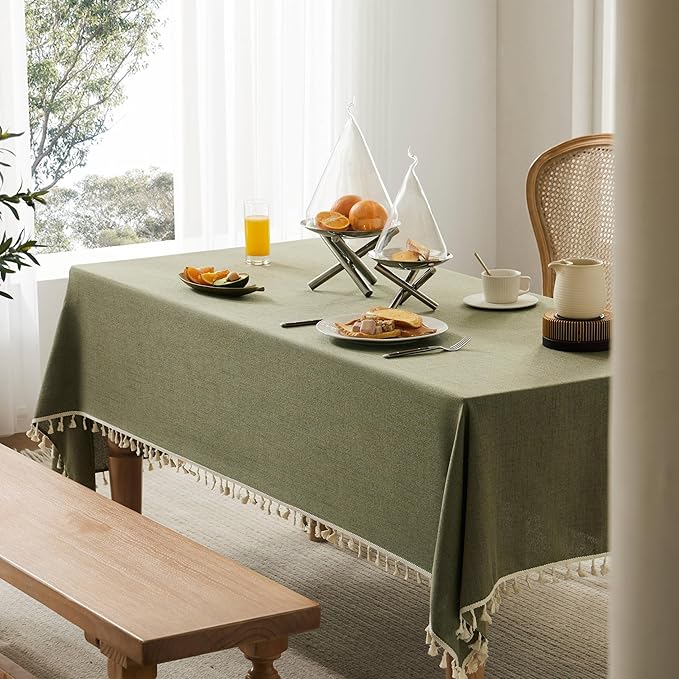 Linen Tablecloth with Tassels, Farmhouse Style Green Tablecloth, Water Resistant Burlap Tablecloths for Square Table, 60x60 Inch Olive