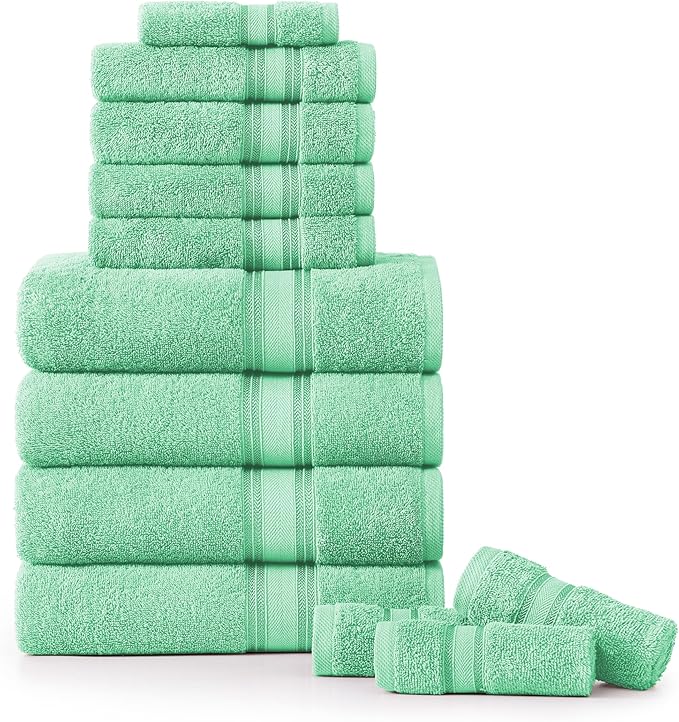 LANE LINEN Luxury Bath Towel Set of 12 – 100% Mercerized Cotton, 4 Bath Towels, 4 Hand Towel & 4 Washcloths, Zero Twist, Remains Soft & Absorbent Even After Multiple Washes - Aqua Sky