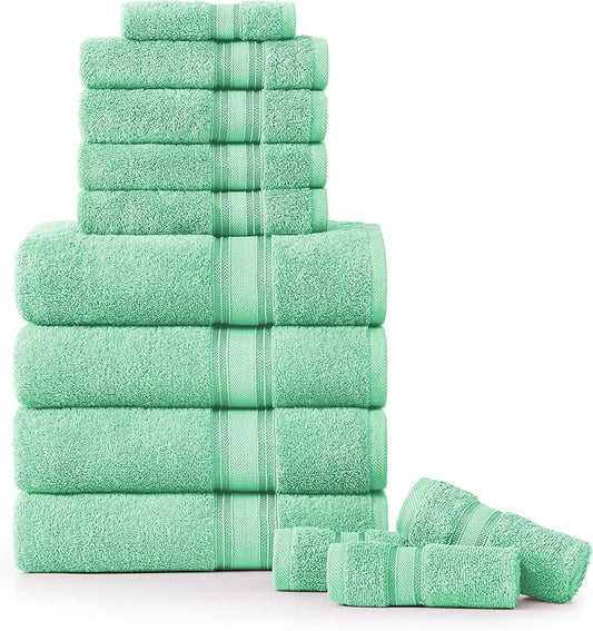 LANE LINEN Luxury Bath Towel Set of 12 – 100% Mercerized Cotton, 4 Bath Towels, 4 Hand Towel & 4 Washcloths, Zero Twist, Remains Soft & Absorbent Even After Multiple Washes - Aqua Sky