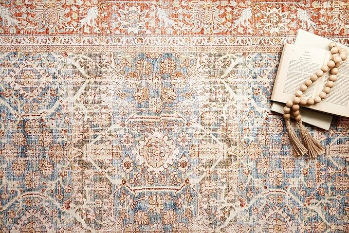 Loloi Layla Collection LAY-04 Ocean/Rust 2'-6" x 7'-6" .13" Thick Runner Rug, Soft, Durable, Vintage Inspired, Distressed, Low Pile, Non-Shedding, Easy Clean, Printed, Living Room Rug