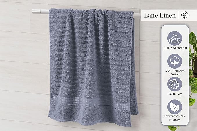 LANE LINEN Towels for Bathroom - 100% Cotton Bath Towel Set of 6 - Includes 2 Bath, 2 Bathroom Hand Towels, 2 Wash Cloths for Your Face - Zero Twist, Ribbed, Quick Dry Towel for Daily Use - Cool Grey