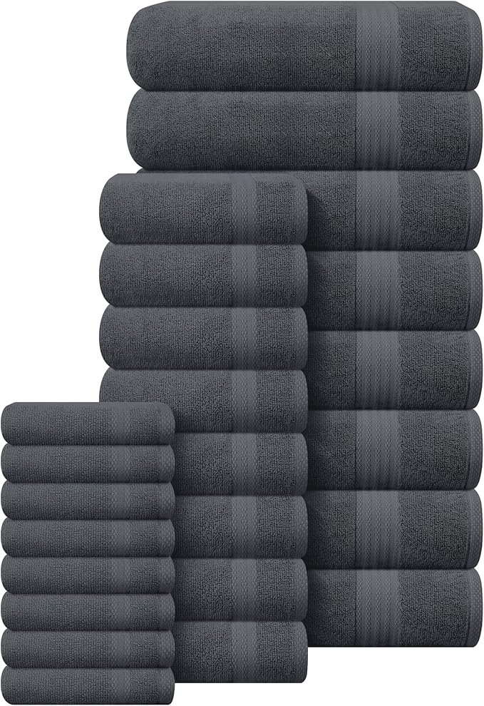 GLAMBURG Ultra Soft 24-Piece Towel Set - 100% Pure Ringspun Cotton, Contains 8 Oversized Bath Towels 27x54, 8 Hand Towels 16x28, 8 Wash Cloths 13x13- Ideal for Everyday use, Hotel & Spa- Charcoal Grey