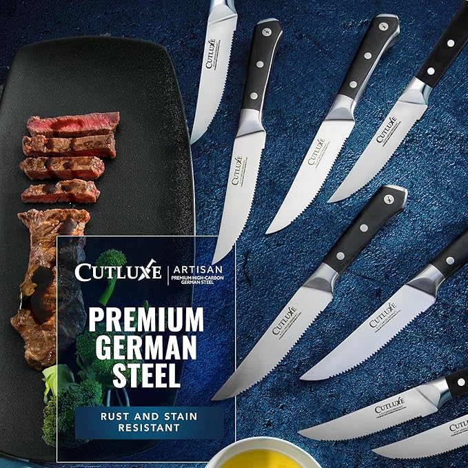 Cutluxe Steak Knives Set of 8, Serrated Steak Knives – Forged High Carbon German Steel, Full Tang, Ergonomic Handle Design – Artisan Series