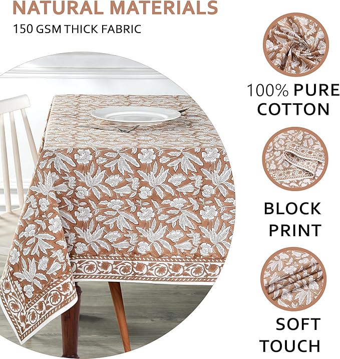 Ridhi Oak Brown Hand Block Print Cotton Rectangle Tablecloth 90" x 60" inches Reusable Table Cover Decorative Everyday Use for Dining, Farmhouse, Home, Party, Festive, Wedding, Fall