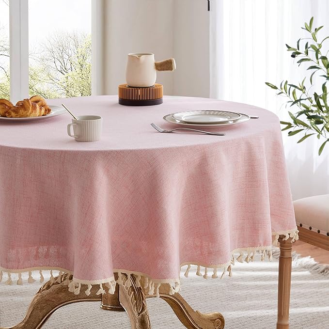 Linen Tablecloth with Tassels, Farmhouse Style Pink Tablecloth, Water Resistant Burlap Tablecloths for Round Table, 52 Inch Round Pink