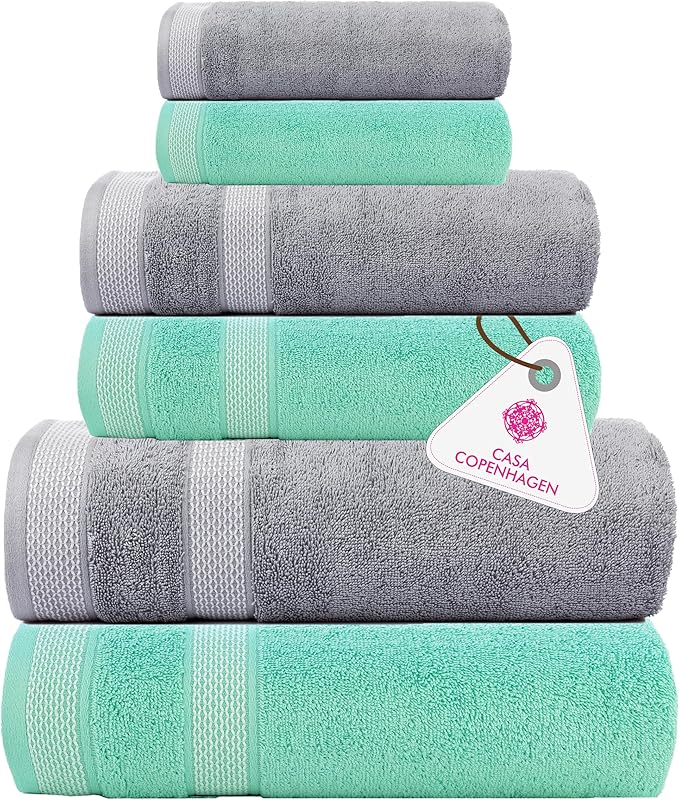 CASA COPENHAGEN Solitaire Mix 6 Pieces Towel Set- Grey Violet + Aqua Blue, 600 GSM 2Bath Towel 2Hand Towel 2Washcloth, Designed in Denmark Made of Soft Egyptian Cotton for Bathroom, Kitchen & Shower