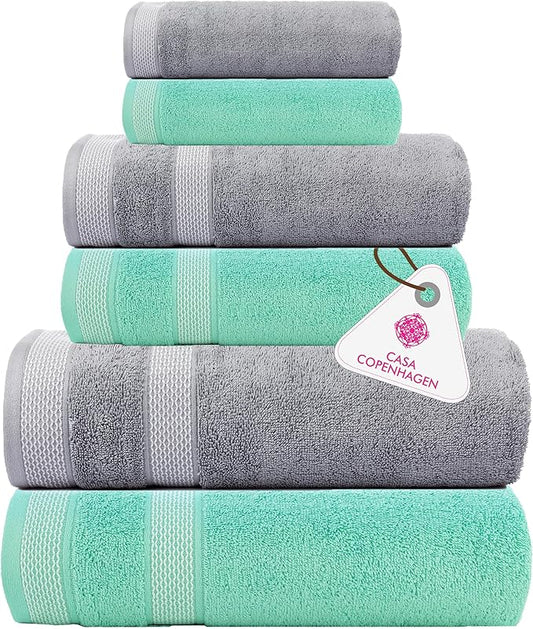 CASA COPENHAGEN Solitaire Mix 6 Pieces Towel Set- Grey Violet + Aqua Blue, 600 GSM 2Bath Towel 2Hand Towel 2Washcloth, Designed in Denmark Made of Soft Egyptian Cotton for Bathroom, Kitchen & Shower