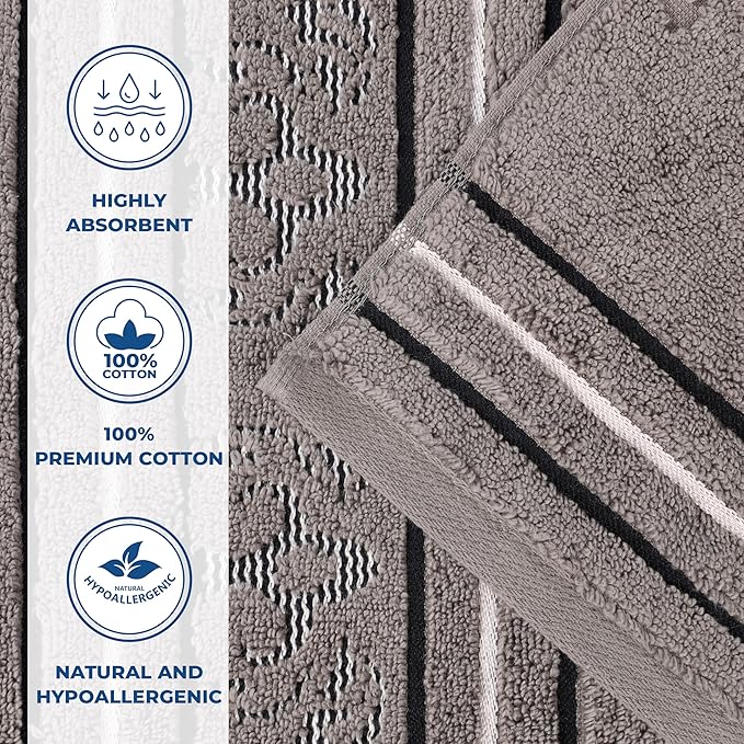 Superior Cotton Hand Towel Set, Small Towels, Plush Soft Absorbent Bathroom Basics, Home Essentials, Spa, Salon, Hotel, Kitchen, Luxury Quick Drying, Zero-Twist, Jacquard Floral, Set of 6, Charcoal